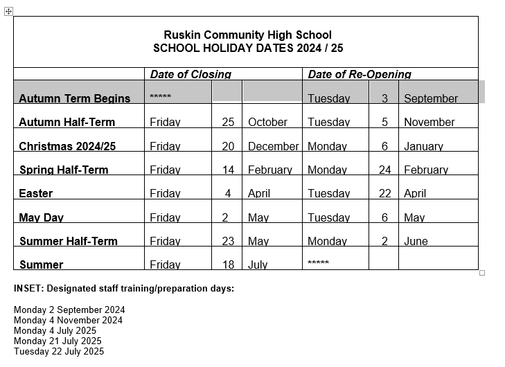 School Holiday Dates 202425 Ruskin Community High School